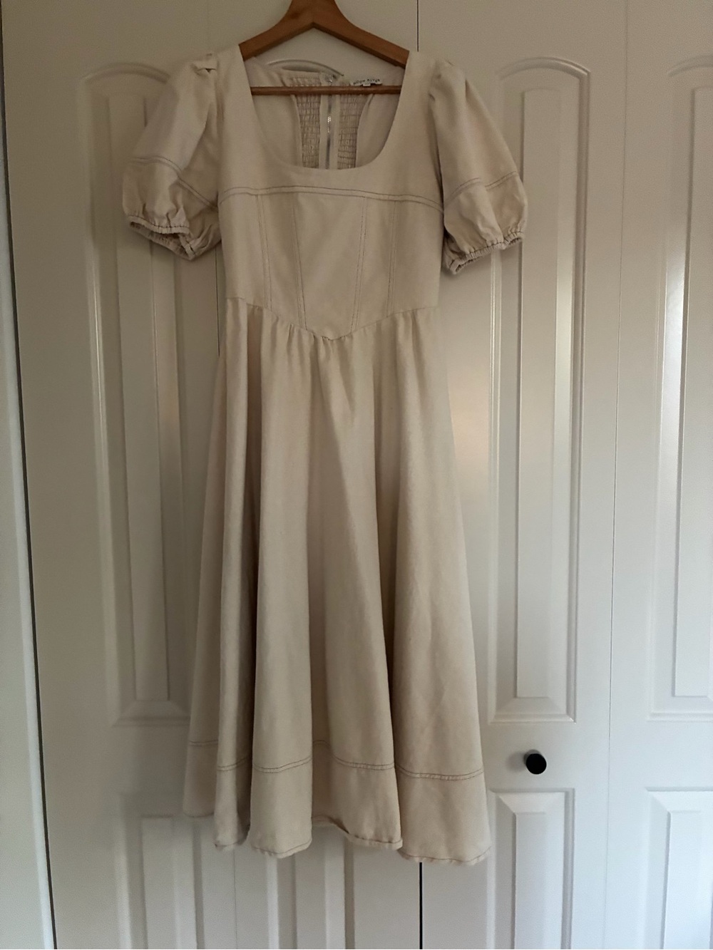 Moon River Cream Puff-Sleeve Scoop-Neck Midi Dress